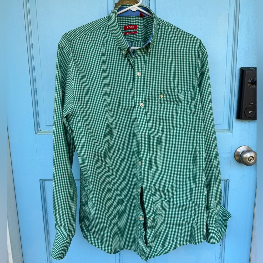 Izod Men's Button-Up Shirt Green Gingham Checkered size M